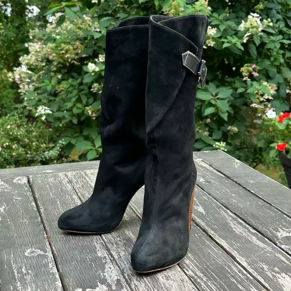 Boutique 9 Galen Black Suede Leather Tall Boots Size 6 Adjustable Calf